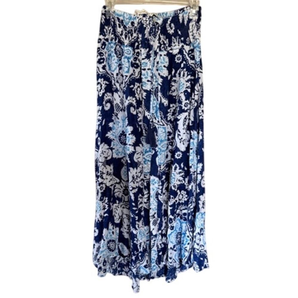 Rachel Zoe Boho Maxi Skirt Blue White Floral Paisley Tassel Waist M NWT - Picture 2 of 5